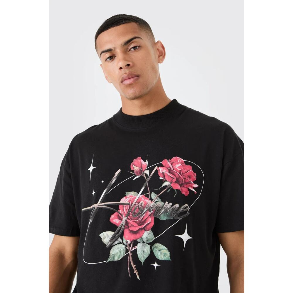 Boohoo Man Oversized Large Scale Rose Graphic T-shirt Size Large